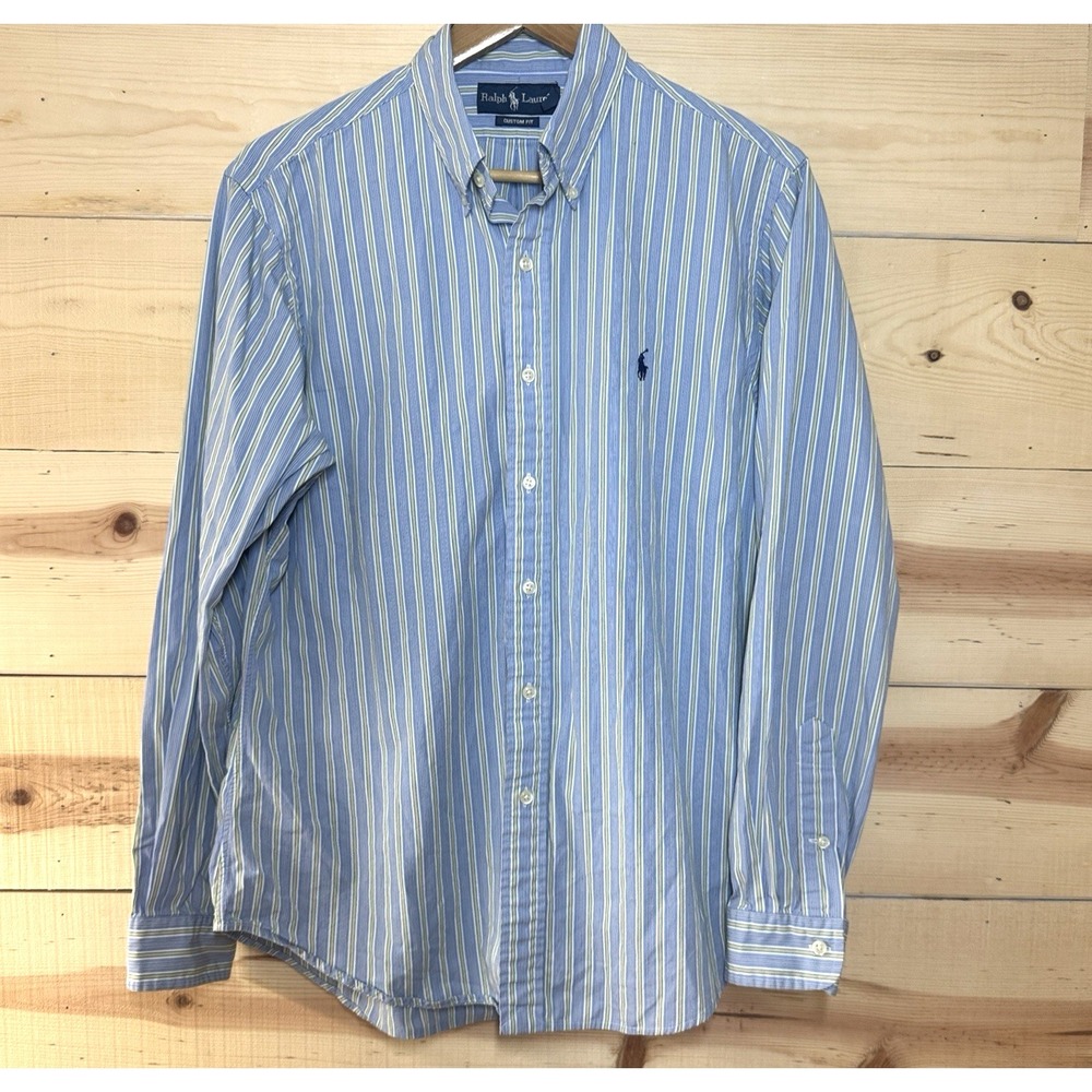 Ralph Lauren Custom Fit Striped Button Down Shirt Men's Large Blue 100%‎ Cotton